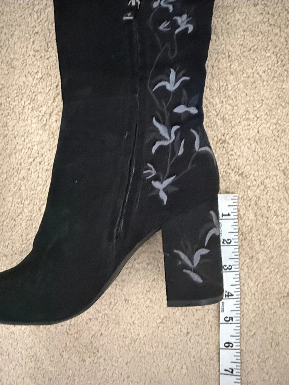 Kenneth Cole Claire Black Suede Embroidered Heel Boots size 6.5 Over the Knee